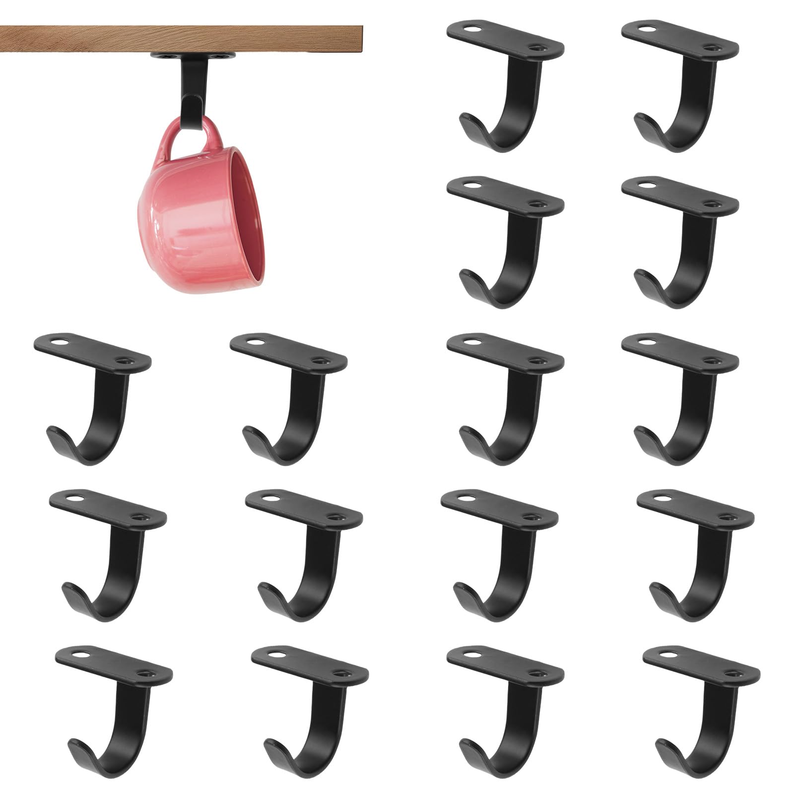 UFURMATE Under Cabinet Coffee Mug Hooks, 16Pcs Stainless Steel Coffee Cup Holders Under Shelf Utensil and Towel Hangers for Kitchen Bathroom Cabinet (Black)