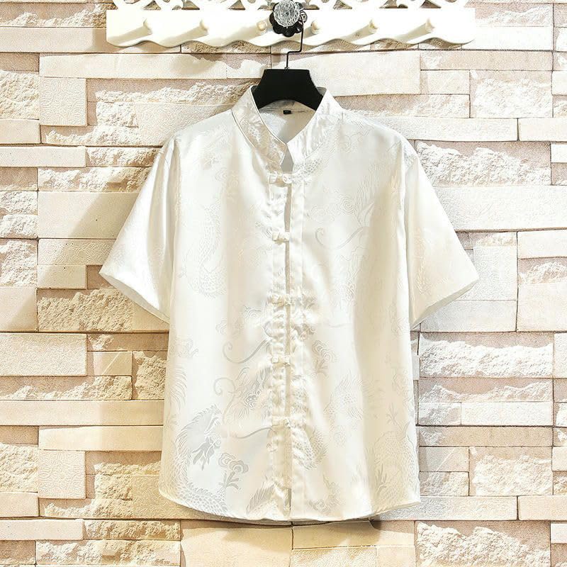 Chemise col montant style chinois rétro ample pour hommes à manches courtes - 4