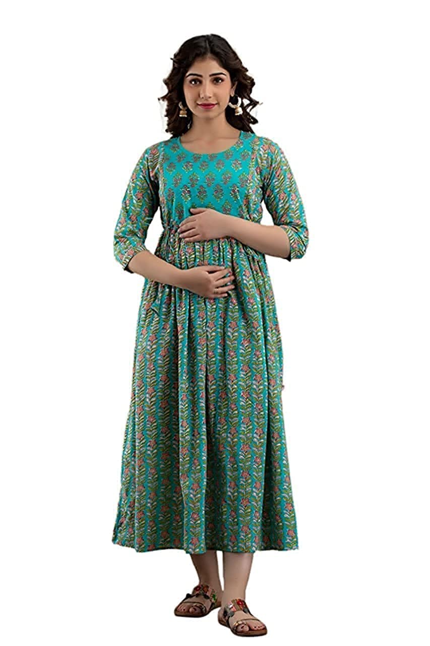 Women's Cotton Floral Printed Anarkali Maternity Feeding Kurti (Blue-XXL)-picture-34