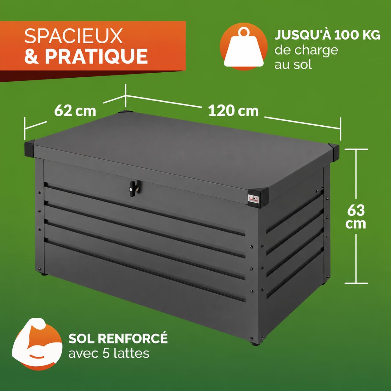 Gardebruk Coffre de rangement en Métal 385L Anthracite avec Vérin à gaz | Verrouillable par Cadenas à clés Inclus, 120x62 cm, Coffre de Jardin Extérieur, Rangement coussins et outils, Jusqu'à 100kg