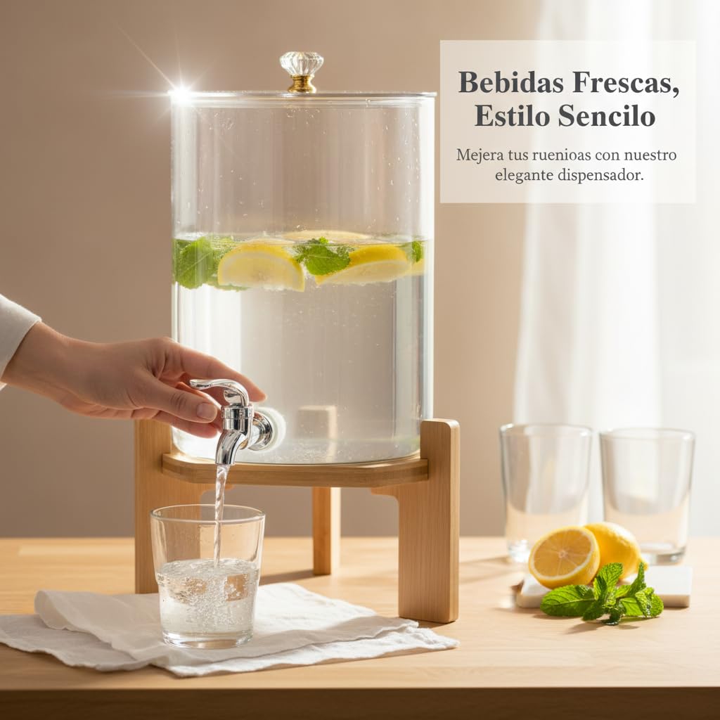 Dispensador Bebidas Vidrio Estilo, 4.5L + grifo + base bambú