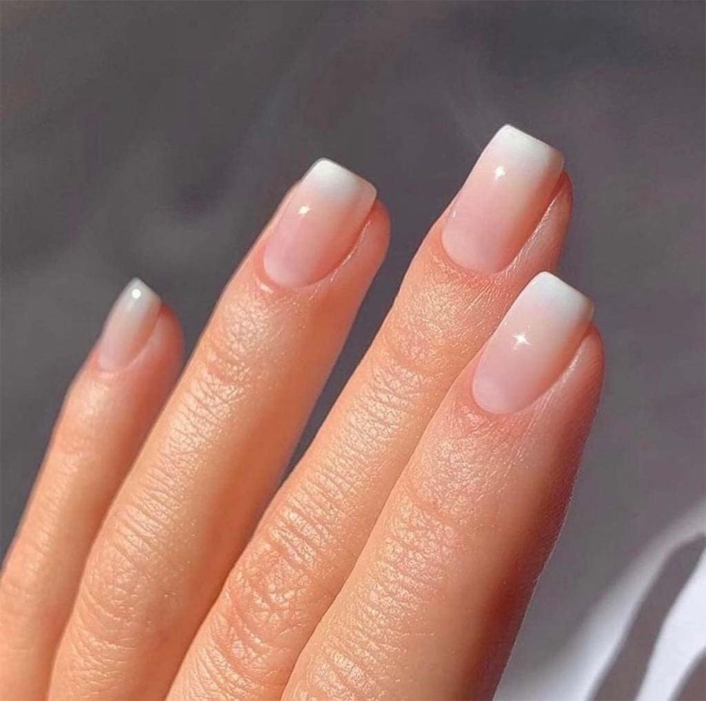RikView French Tip Press on Nails Short Fake Nails Square Acrylic Nails with Gradient Design Nude Press on Nails