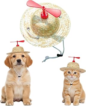 1Pc Cute Flying Top Straw Dog Cat Outdoor Hat, Puppy Kitty Sunhats, Adjustable Handmade Natural Straw Weaving Pet Hat