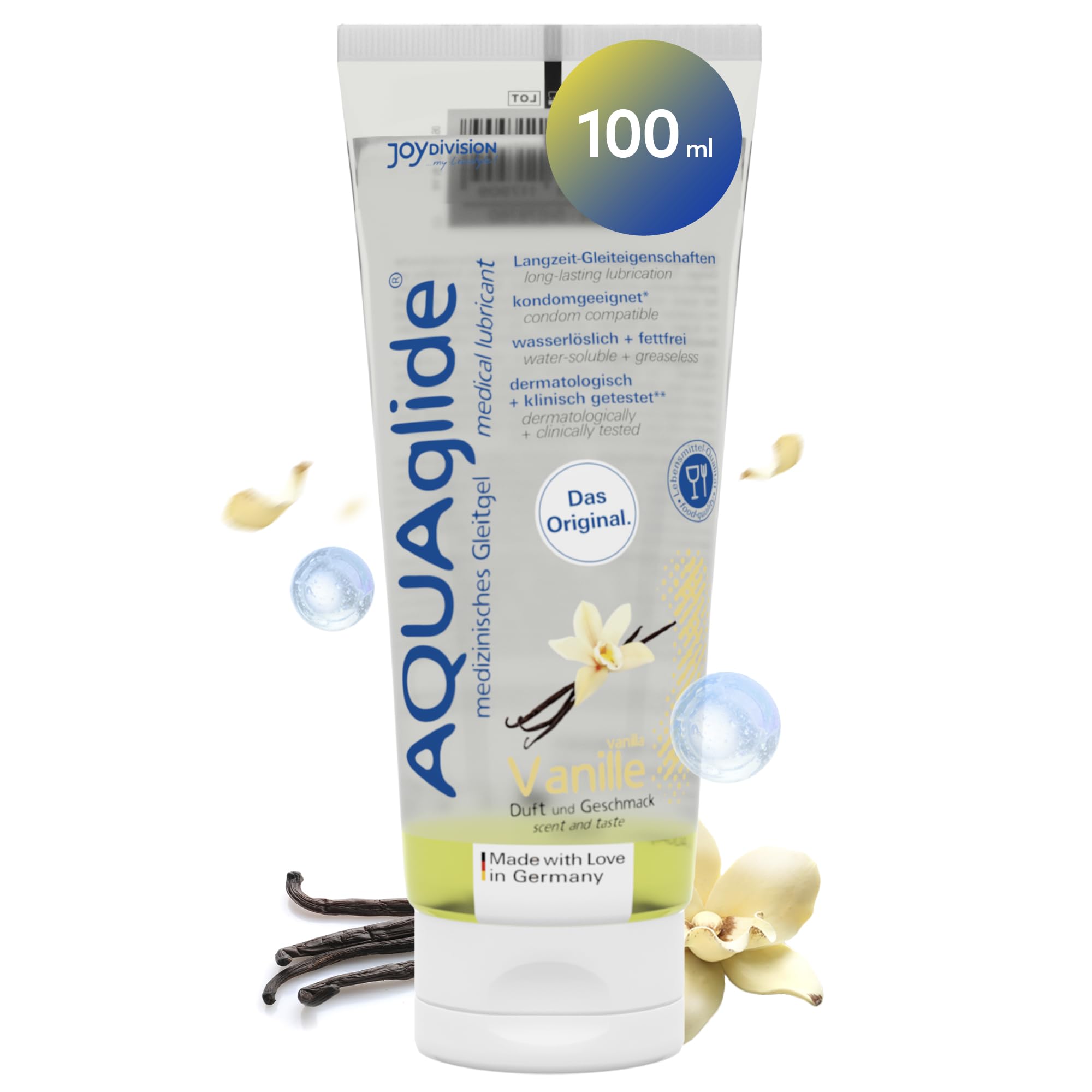 JOYDIVISION AQUAglide Vanille Gleitgel 100 ml, Veganes Gleitmittel, Auf Wasserbasis mit einen sinnlichen Vanille Duft, kristallklares Gleitmittel geeignet Für Latex-kondome