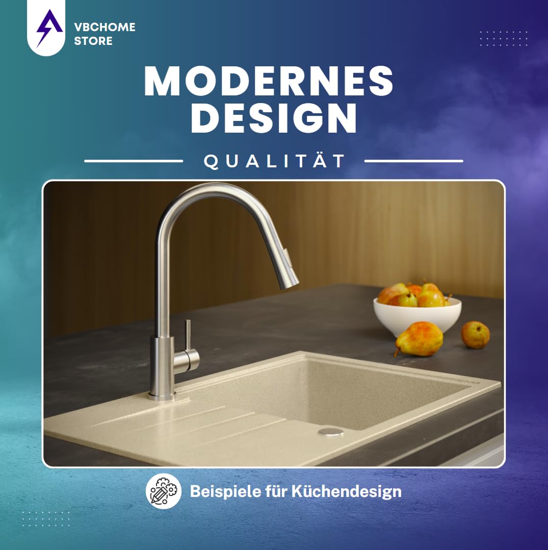 VBChome Fregadero de granito beige con grifo, 70 x 44 cm, empotrable, reversible, de granito, con caño extraíble, acero inoxidable