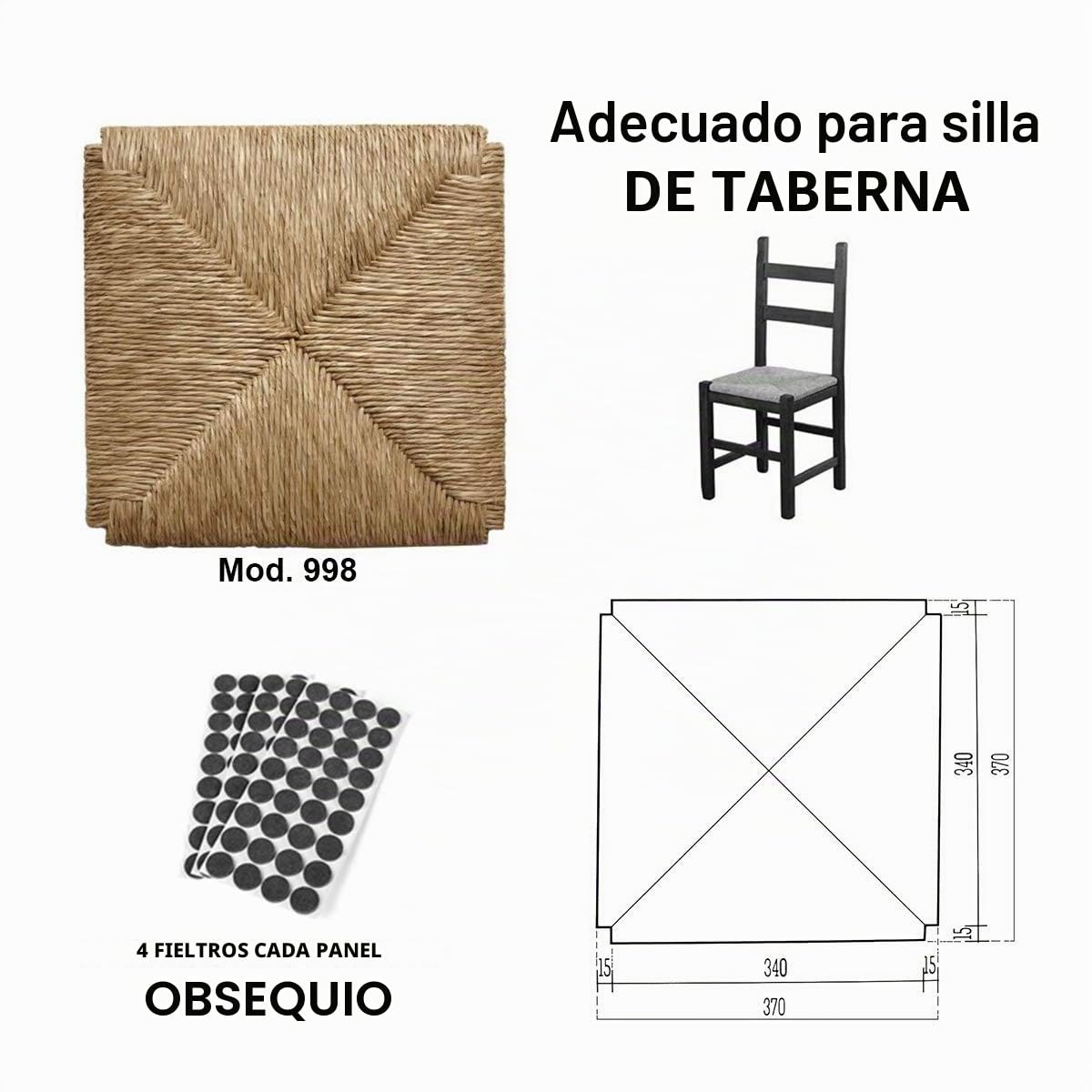 ZStyle Juego de asientos de paja modelo 998, 37 x 37 cm, asiento de repuesto, marco inferior para sillas y fundas de almohada de regalo (6 unidades)