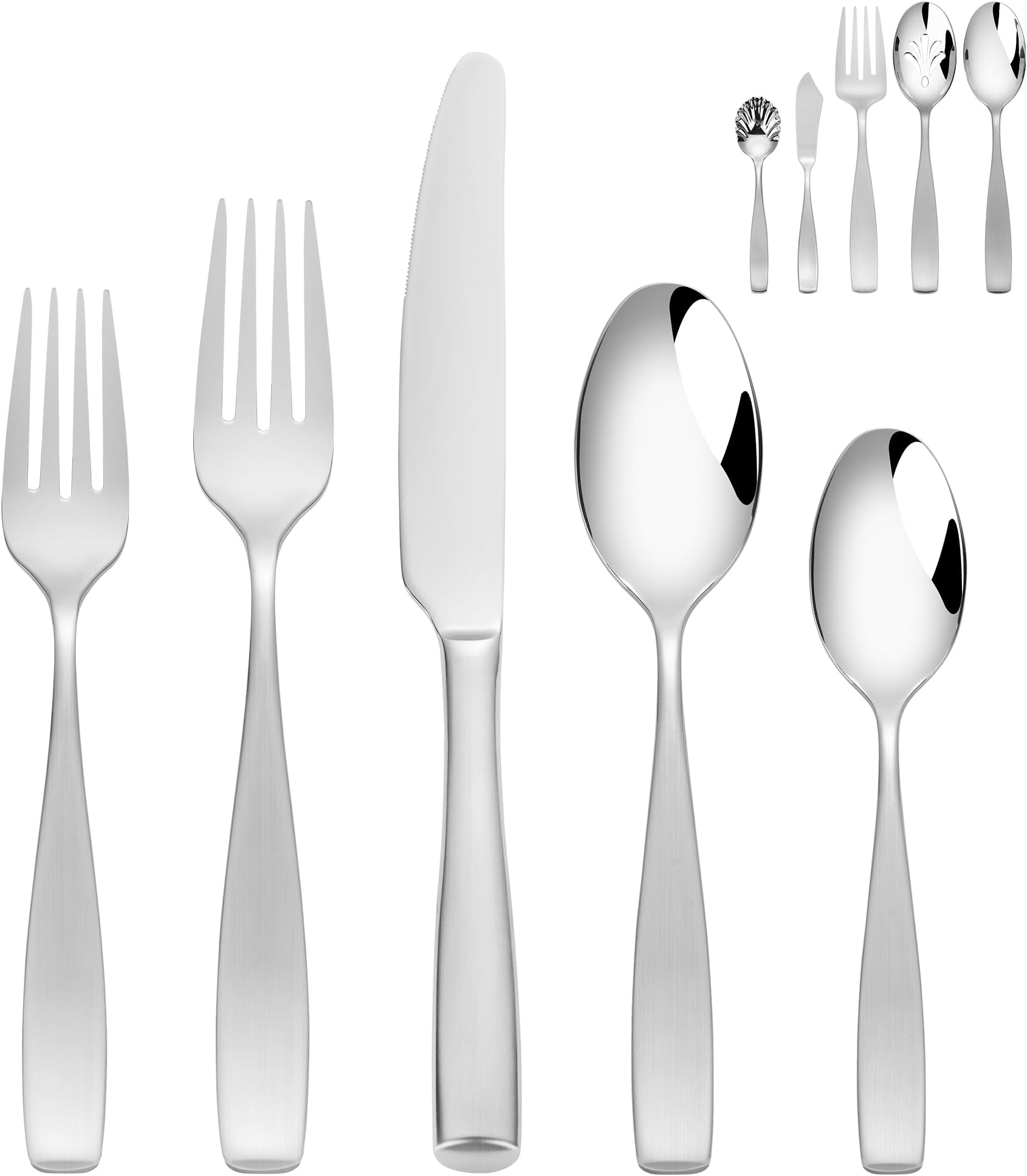 - 65-Piece 18/10 Stainless Steel Flatware Set for 12, Heavy Duty Silverware Set, Flatware Set with Serving Utensil, High End Mirror Polish and Satin Handle, Dishwasher Safe, Ideal for Gift