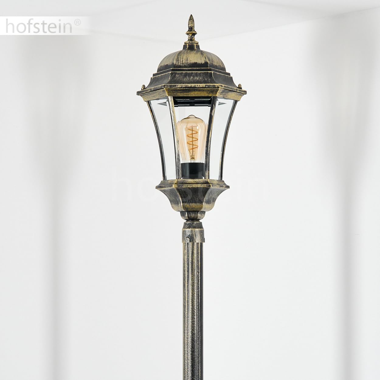 Etoe lampa drogowa zewnętrzna z metalu/szkła w kolorze czarno-złotym/przezroczystym, kandelabr o antycznym wyglądzie, wysokość maks. 230 cm, oświetlenie ogrodu w stylu dworkowym, IP44, 1 x E27, bez