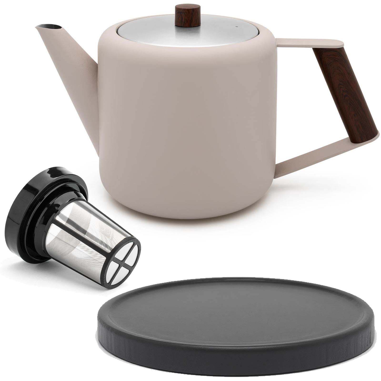 Bredemeijer doppelwandige Retro Teekanne 1.1 Liter beige - mit schwarzem Holz-Untersetzer & Edelstahl-Tee-Filter Sieb-Einsatz - isolierende Kanne aus Edelstahl