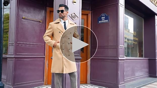 Runcati Mens Double Breasted Trench Coat Notch Lapel Peacoat