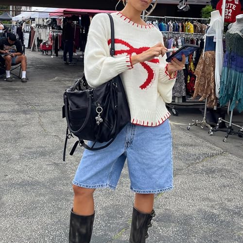 WZTYYDS Women Y2K Bow Knit Fall Winter Sweater Crew Neck Long Sleeve Knitted Pullover Oversized Knitwear2