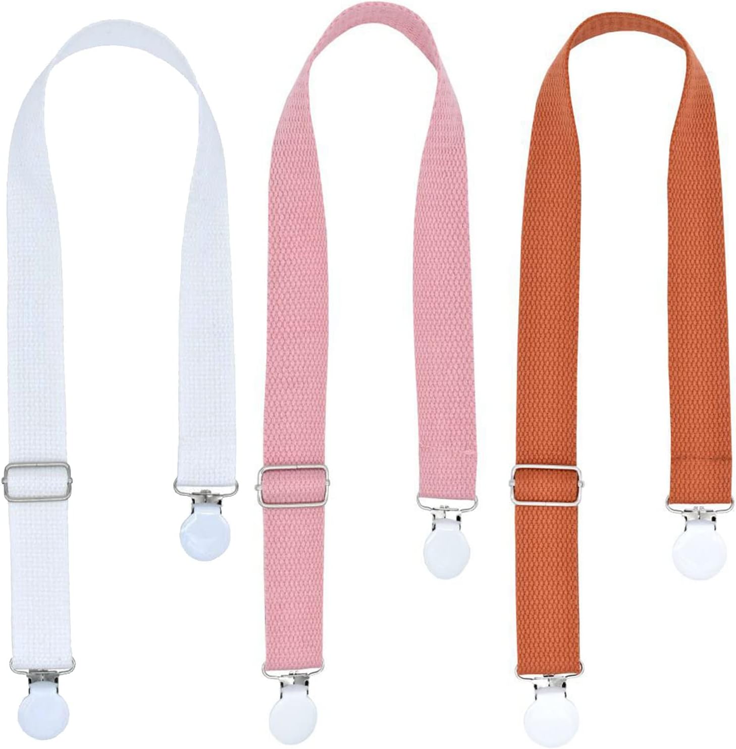 3 PCS Multipurpose Clips Baby Nursing Cover Clips Saliva Towel Double-end Clamp Toy Anti-drop Clip Adjustable Braid Strap Dental Bib Holder Clip Napkin Holder for Adult Kids (Orange/White/Pink)