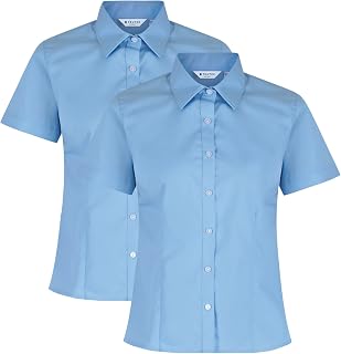 2 Pack Girls School Shirts Blouses - Short Sleeve Slim Fit Non-Iron School Uniform (Age 5-16+ Years / 24"-46" Chest)