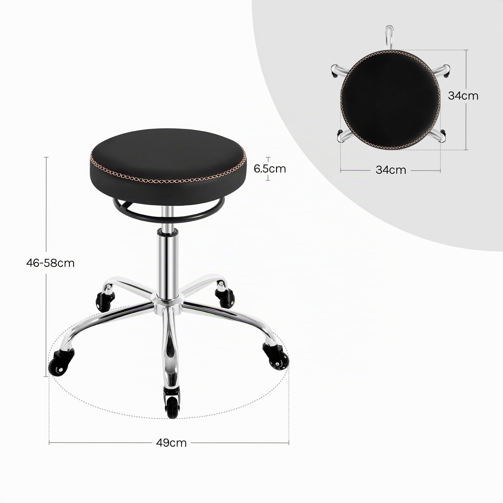 WOLTU Taburete con Ruedas, Taburete Oficina de PU, Negro | Silla de Trabajo, Altura Ajustable, Silla Giratoria para Masajes, Oficina, Clínica y Laboratorio