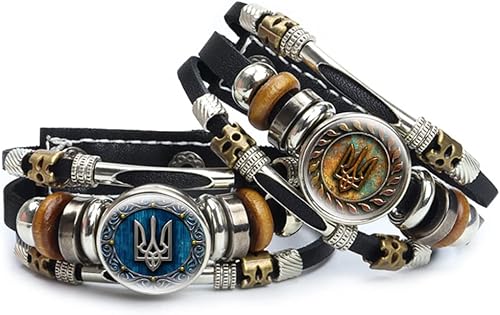 Miniatura 5 de Pulsera ucraniana, pulsera de Ucrania, joyería ucraniana, Tridente de Ucrania, pulseras de cuero con símbolo de cúpula de cristal, pulsera con botón