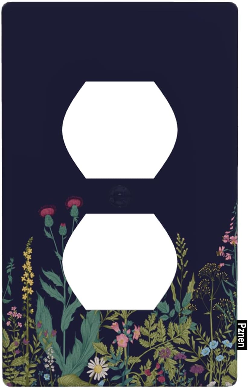 Retro Botanical 1-Gang Duplex Wall Plate, Black Floral Vintage Plants Outlet Cover Plate 4.5"x 2.76" for Bedroom Bathroom Living Room