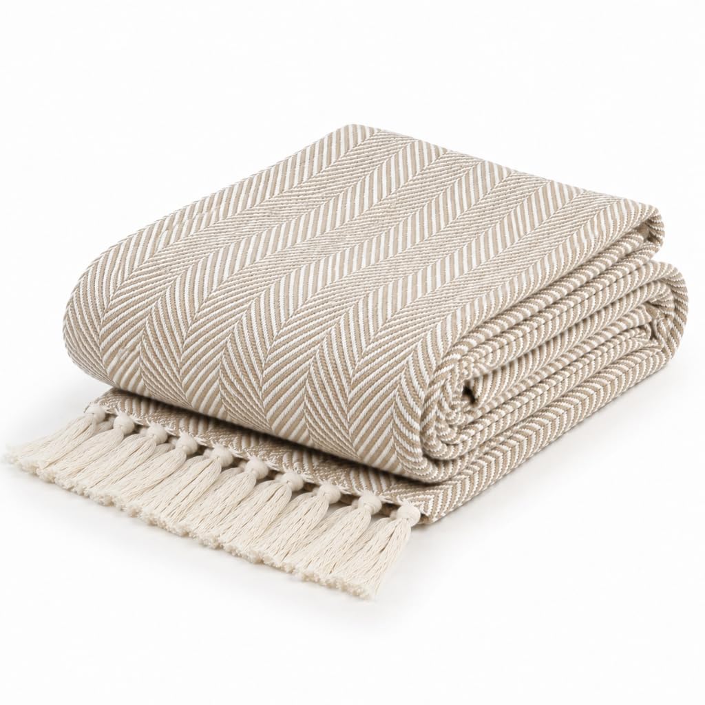 EHC Premium Handwoven Cotton Large Throw for Sofas, Elegant Sofa, Settee & Bed Cover, Reversible Luxury Blanket for 2 Seater Sofa/Double Bed, 180 x 230cm, Beige