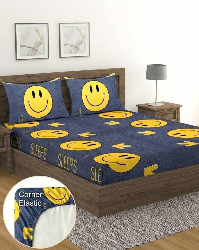 Image of Fashion String Microfibre Yellow Smiley Corner Elastic Fitted Double Bedsheet (72x78 Inches) with 2 Pillow Covers