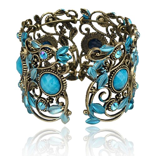 Vintage VTG Rainbow Blue Flower Resin CZ Rhinestone Drop Cuff Bracelet Bangle For Women girls