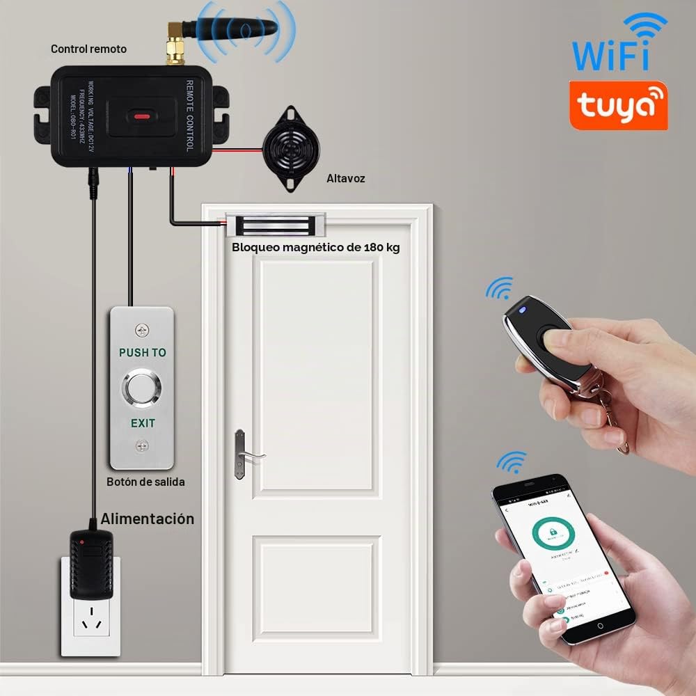 WiFi Tuya App Kit de Sistema de Control de Acceso Remoto Inalámbrico Abre la Puerta de Desbloqueo + 180KG / 350lbs Cerradura Electromagnética + Botón de Salida