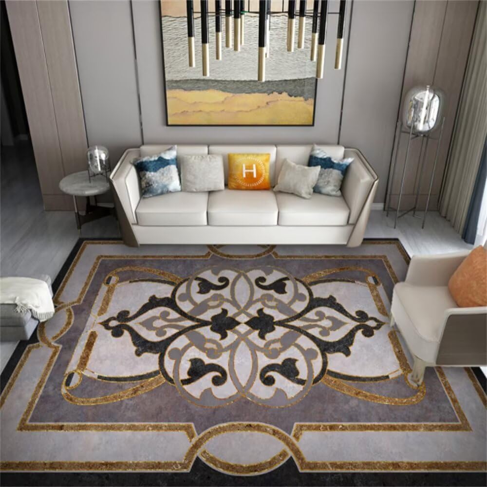 Tapis design salon 200x250cm damier noir et doré rétro