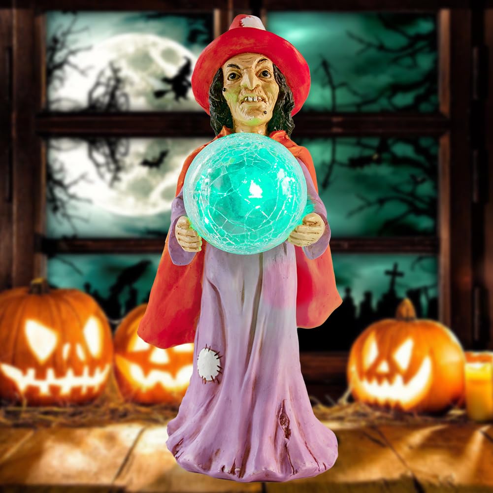 VEWOSTAR Halloween Garden Sculptures & Statues Decorations Outdoor Witch Glass Ball Statue with Solar Lights Ornament for Home Yard Decor Resin Sculptures (12.2" H *5.5" W)