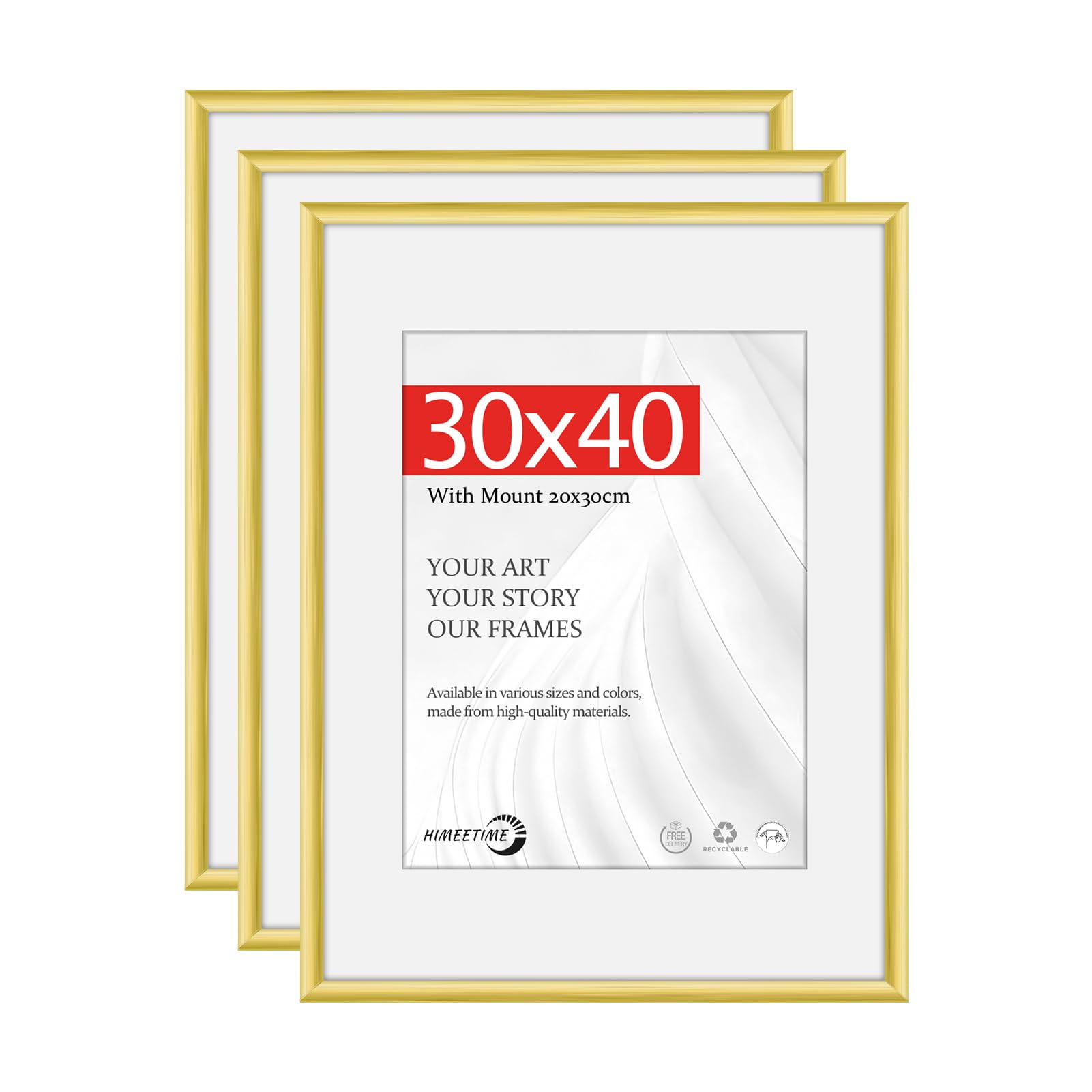 HIMEETIME® 3x 30x40cm Picture Frames,Gold Aluminum Thin Frame,21x30cm Mat Included,Metal Narrow Wall Photo Frame with Shatterproof Acrylic,Wall Mounting Only