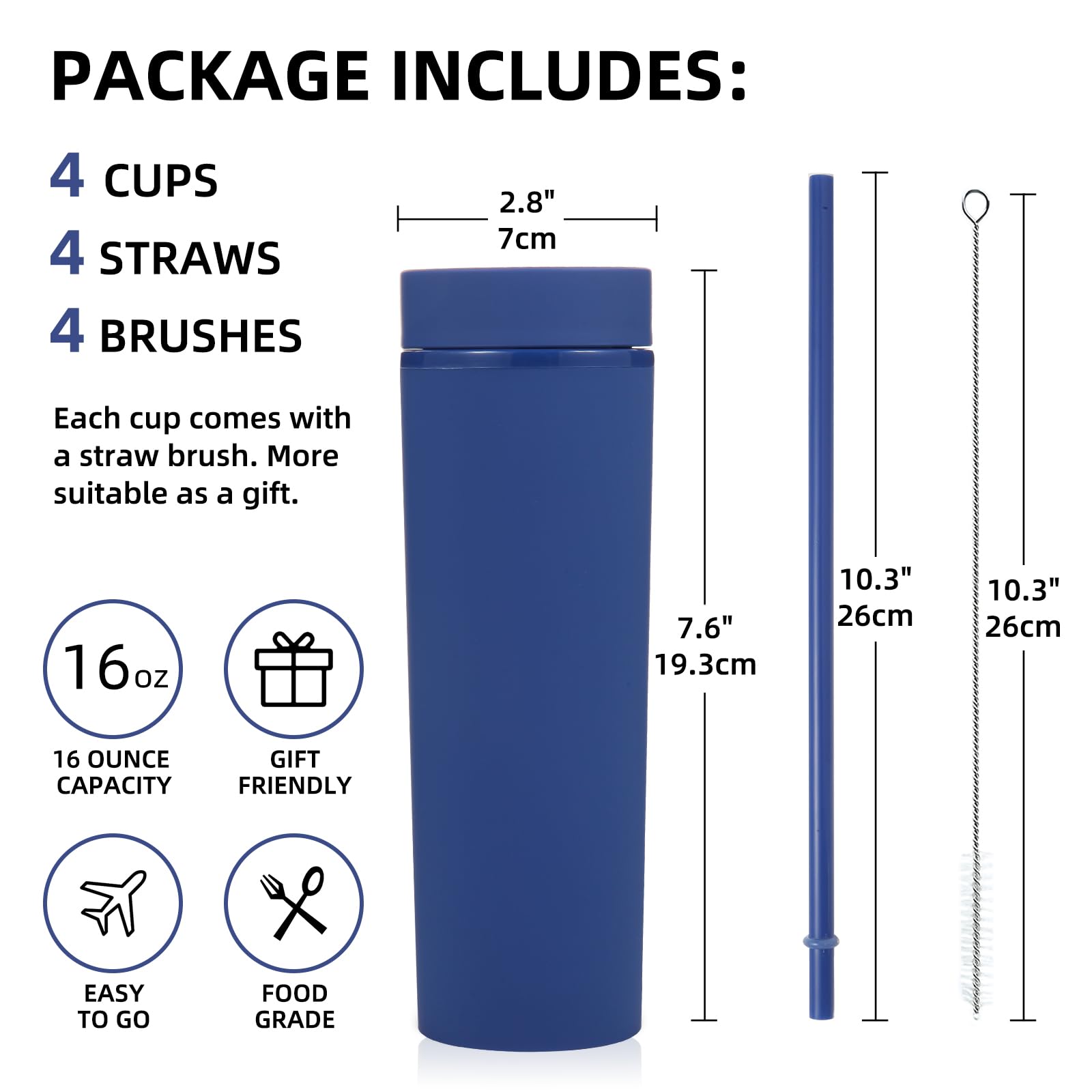 Volhoply 480ml Gobelets Plastique Skinny Avec Couvercle Et Paille - Pack De 4, Isolé Double Paroi BPA Free Matte Acrylique, Pour Café Glacé Voyage Party, Cadeaux DIY (Blanc