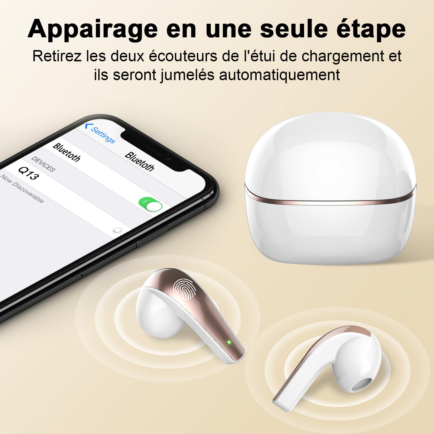 BESNOOW Ecouteurs Bluetooth sans Fil, Écouteurs Bluetooth 5.3 Oreillette Bluetooth Basses Immersives avec 4 ENC Mic, Casque Bluetooth sans Fil 40H avec Écran LED, Or Blanc
