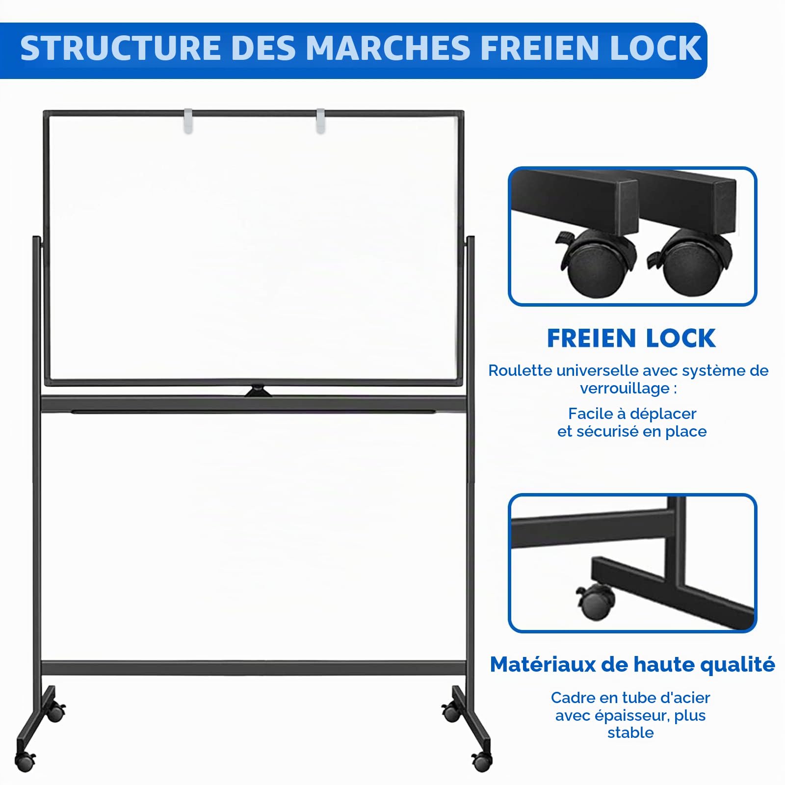 Tableau Blanc Effacable sur Pied 120 x 80 cm, Whiteboard Mobile avec Support, Surface d'écriture Magnétique Double Face, Cadre en Aluminium, Accessoires pour Salle de Classe, Maison, Bureau, Noir