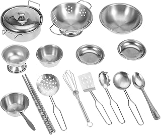 Stainless Steel Kitchen Pretend Play Toys, Kids Pots Pans Playset Mini Cooking Cookware Utensils Set House Role Playing Educational Development Learning Toy Kits for Toddlers Children Girls Boys 16pcs