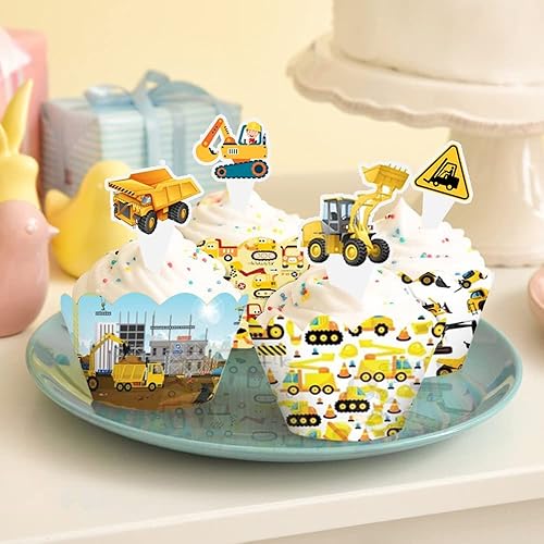 Miniatura 4 de Juego de 28 piezas de decoración para cupcakes y envoltorios para niños, camión excavador, carretilla elevadora, tractor, excavadora de automóvil,