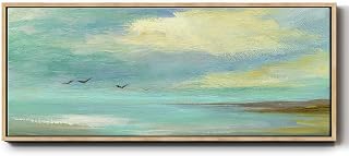 Renditions Gallery Abstract Wall Paintings Misty Seascape with Birds Drifting Floater Frame Nature Prints for School Restaurant Farmhouse - 20"x50" Natural Frame LT619