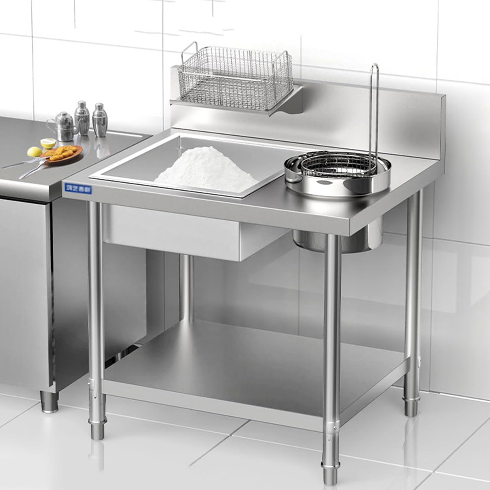 Tavolo Da Lavoro Professionale Acciaio Inox 304 Con Vasche Profonde, Stazione Panatura Robusta Per Cucina Ristorante Fritto(80x55x80cm)