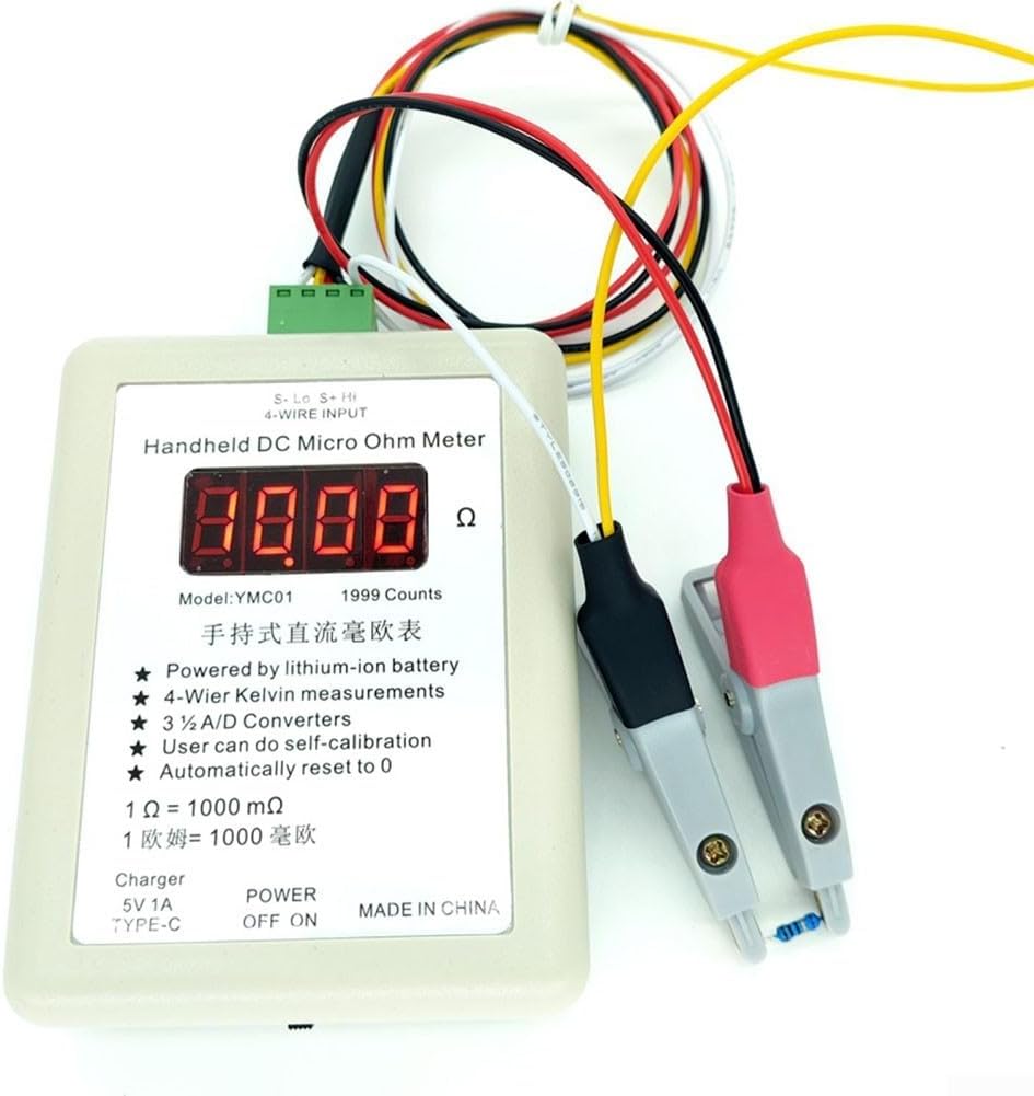 YMC01 Handheld DC Milliohm Meter, Low Resistance Tester Four-Wire Kelvin Measurement Digital Display 2R 20R Range For Electronics Testing For Circuit Board Wire Ohmmeters(small clip 20R)