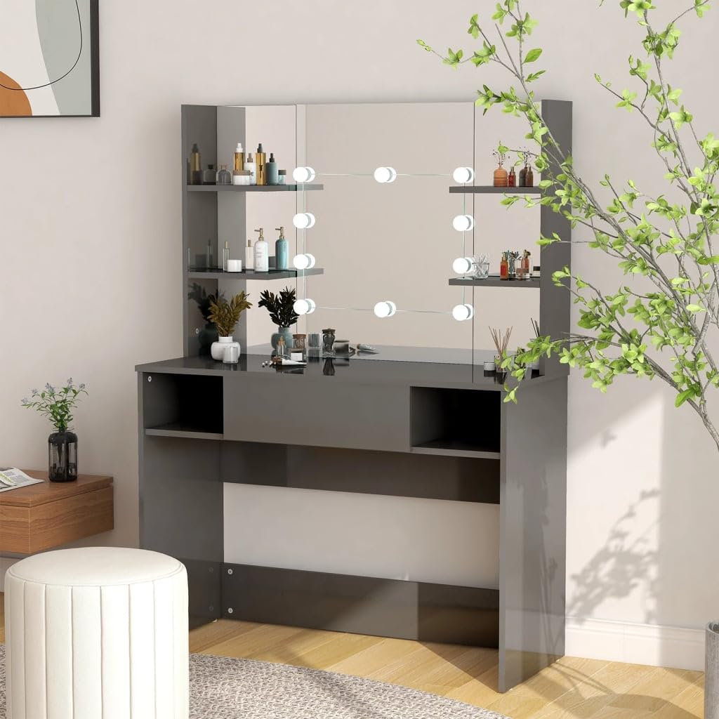 Schminktisch LED Beleuchtung 100x40x135 cm MDF Melamin glänzend grau, mit Spiegel 10 LED Lampen, USB 5 V für Schlafzimmer Styling und Make up