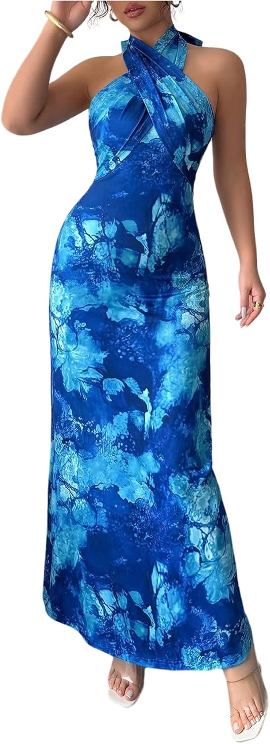 Floerns Women's Tie Dye Criss Cross Halter Dress Sleeveless Bodycon Maxi Prom Dresses