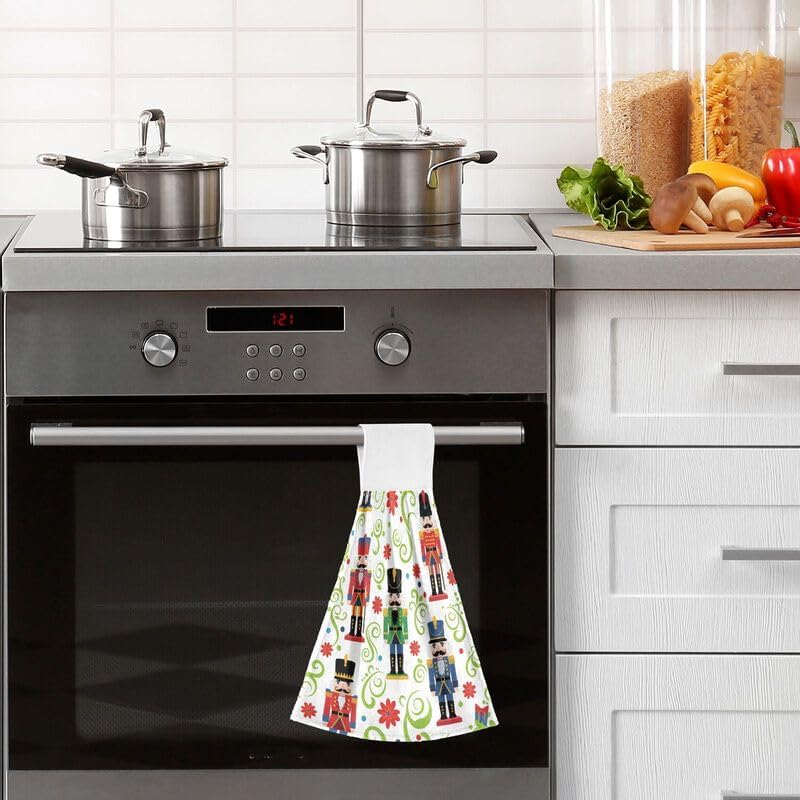 Christmas Nutcracker Floral Kitchen Hanging Towels with Loop 2PCS Soft Super Absorbent Hand Tie Dish Drying Fingertip Towel for Bathroom Guestroom Laundry