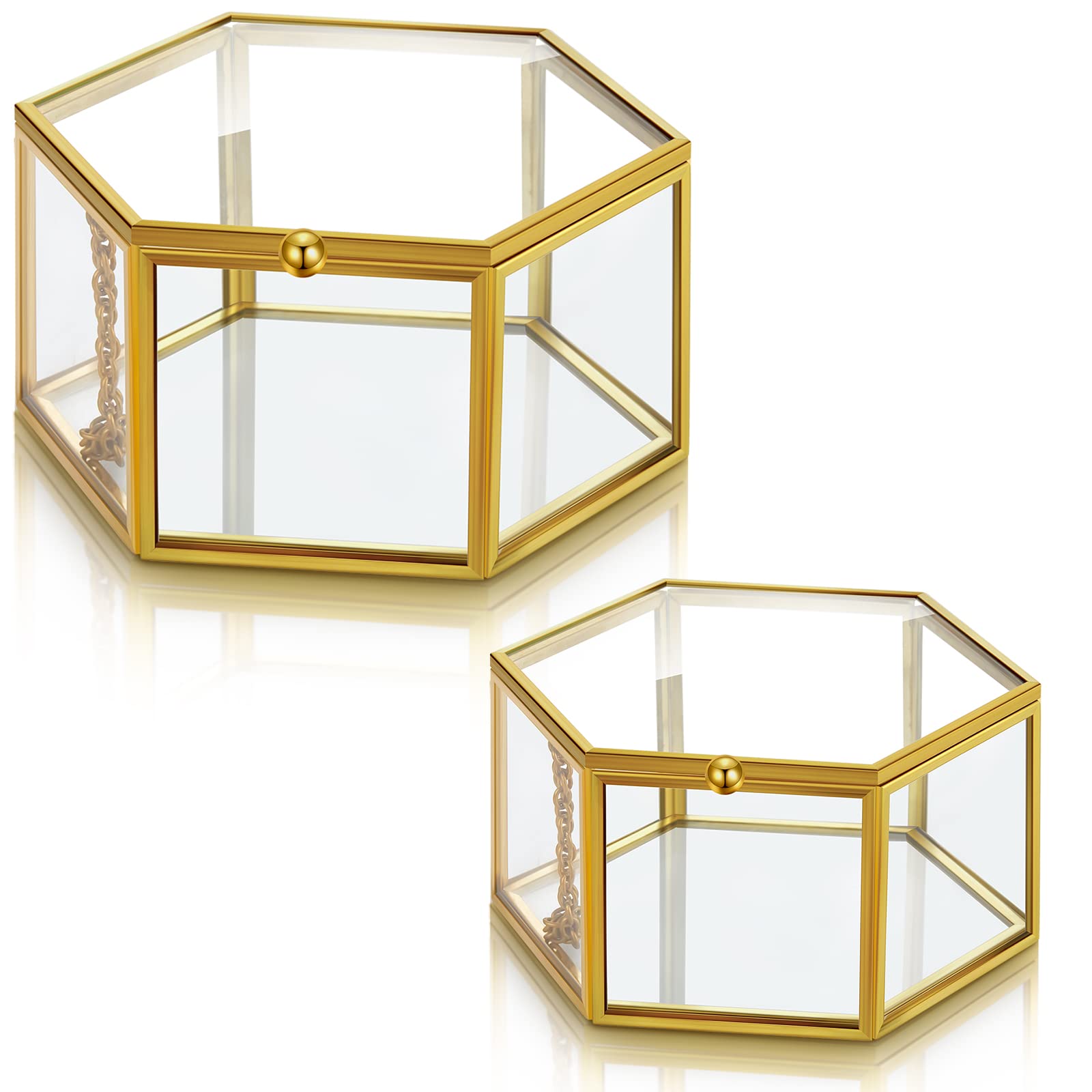 Kenning 2 Pieces Vintage Glass Jewelry Box 3 Inch and 4.5 Inch Golden Hexagonal Jewelry Display Organizer Mirror Glass Vanity Golden,Gold