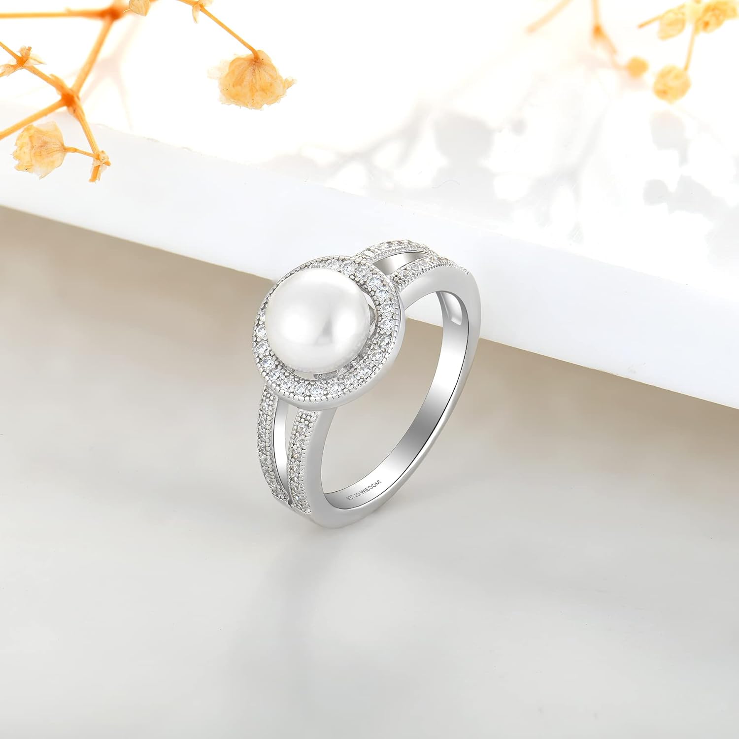 JO WISDOM Pearl Ring,925 Sterling Silver Women's Rings Cubic Zirconia with 8mm White Freshwater Cultured Pearl Ring size 5-10 - Image 3