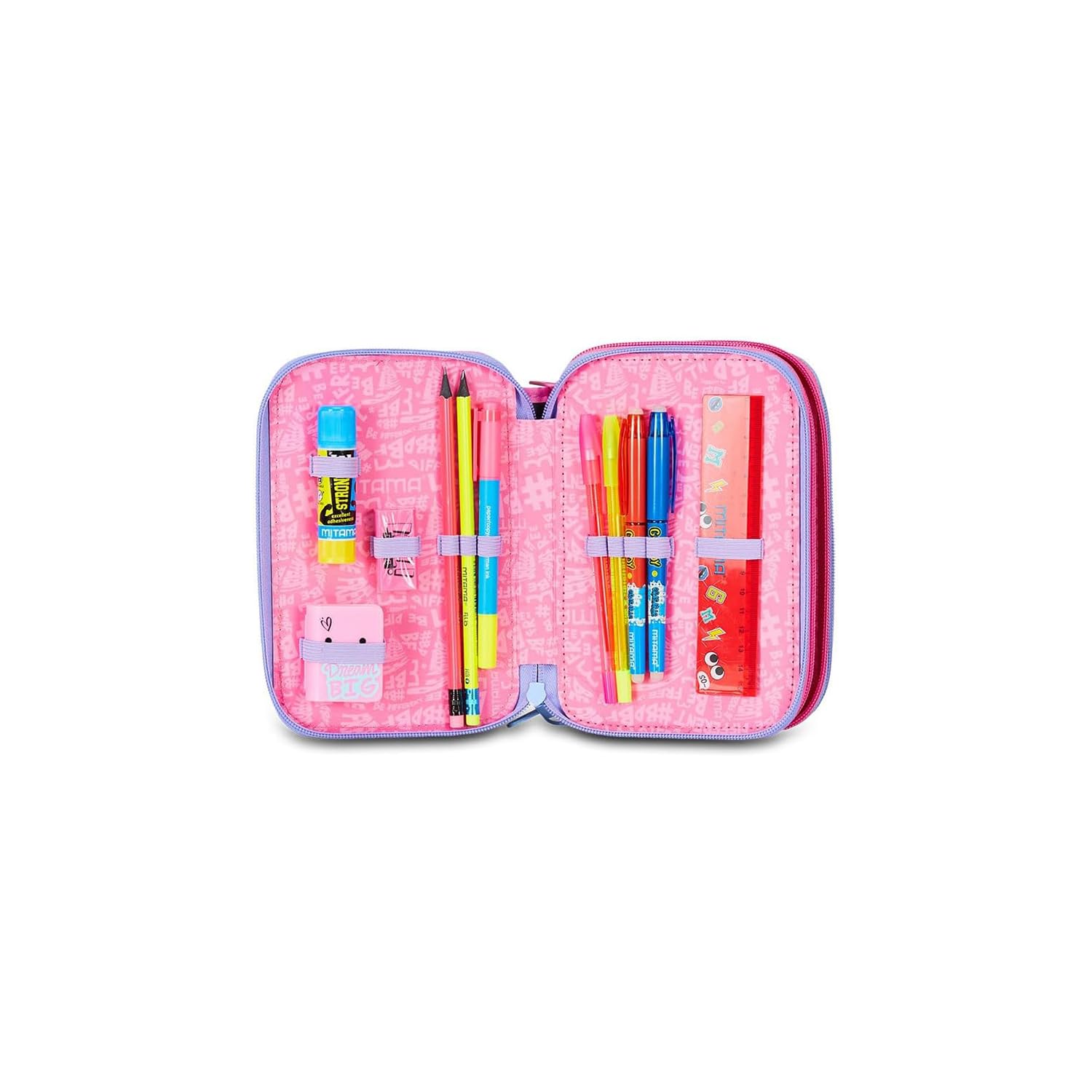 Mitama Estuche Escolar con 3 Compartimentos, Triple Tie Music, Contenido 47 Piezas, Completo de lápices, rotuladores, portalápices Escuela Primaria niña, 064522-000, Rosa, Talla única, Estuche con 3