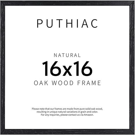 puthiac 16x16 Black Picture Frames for Wall - Minimalist 16x16 Oak Wood Frames, 16"x16" Picture Frame Wood, Natural Solid Wooden Picture Frames for Wall Art Photo and Prints (1 Pack, Black)