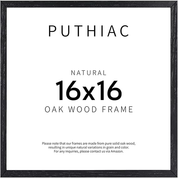 puthiac 16x16 Black Picture Frames for Wall - Minimalist 16x16 Oak Wood Frames, 16"x16" Picture Frame Wood, Natural Solid Wooden Picture Frames for Wall Art Photo and Prints (1 Pack, Black)