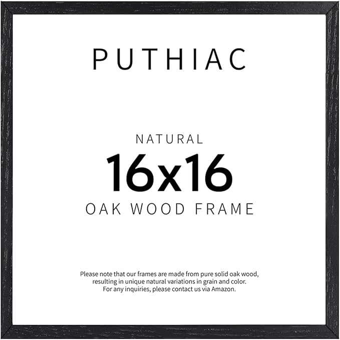 puthiac 16x16 Black Picture Frames for Wall - Minimalist 16x16 Oak Wood Frames, 16"x16" Picture Frame Wood, Natural Solid Wooden Picture Frames for Wall Art Photo and Prints (1 Pack, Black)