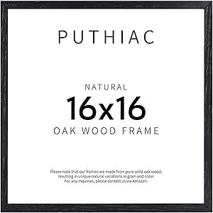 puthiac 16x16 Black Picture Frames for Wall - Minimalist 16x16 Oak Wood Frames, 16"x16" Picture Frame Wood, Natural Solid Wooden Picture Frames for Wall Art Photo and Prints (1 Pack, Black)