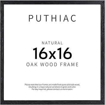puthiac 16x16 Black Picture Frames for Wall - Minimalist 16x16 Oak Wood Frames, 16"x16" Picture Frame Wood, Natural Solid Wooden Picture Frames for Wall Art Photo and Prints (1 Pack, Black)