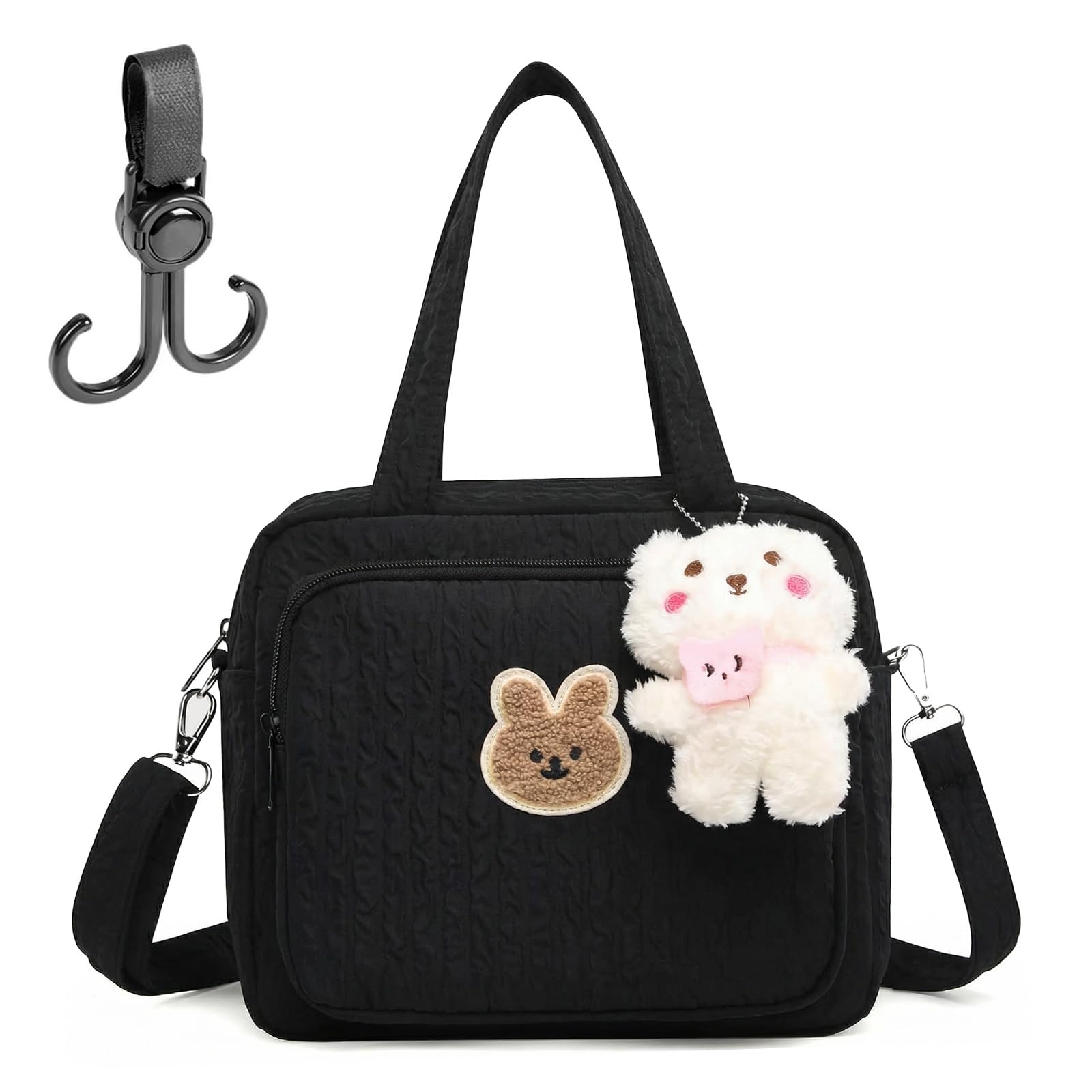 Black Baby Changing Bag, Baby Nappy Hospital Bags with Cute Charm, Portable Travel Babies Diaper Bag with Zipper & Adjustable Strap, Changing Diaper Bag, Tote Pram Bag for Mum Mother - 24x14x20 cm