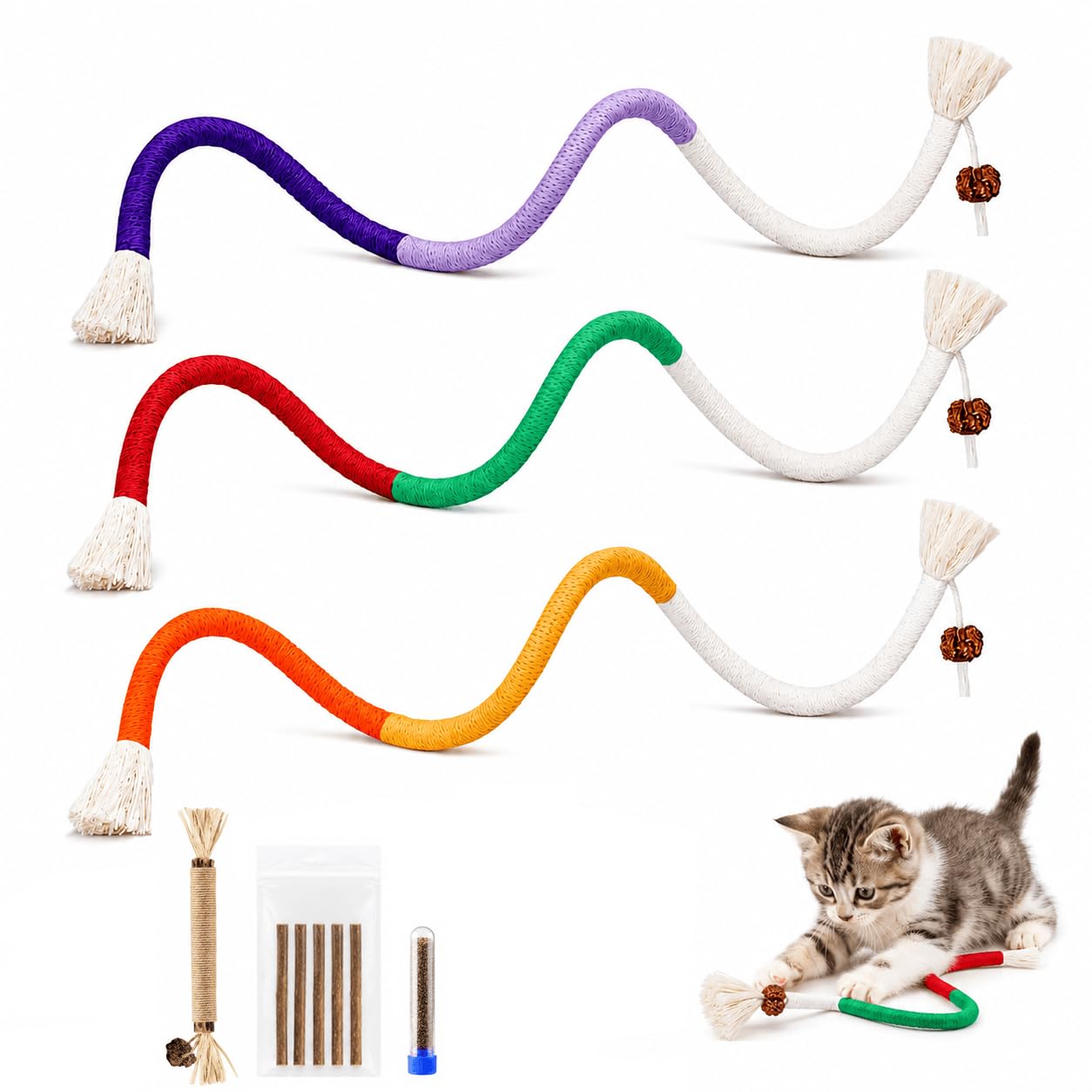LOS ANDES Cat Silvervine Sticks & Chew Rope Toys Set with Catnip, Stress Relief Cat Toy, Interactive Teeth Cleaning Toys for Indoor Cats & Kittens