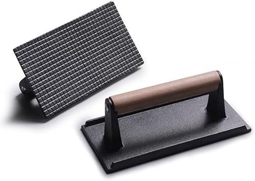 Prensa de hamburguesas, prensa rectangular de tocino con mango de madera, rectangular de hierro fundido resistente para carne con mango de madera,