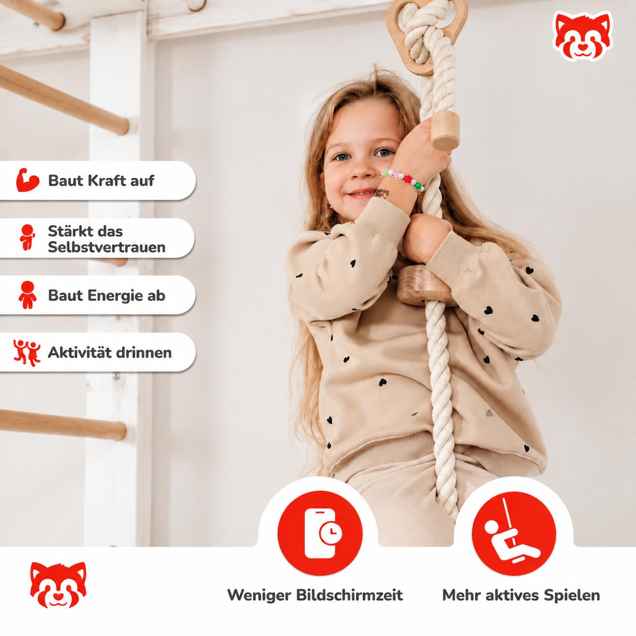 Wood And Hearts sprossenwand, kletterwand kinderzimmer, turnringe, sprossenwand kinderzimmer, Indoor Spielplatz, kletterwand, strickleiter, turnringe Holz, spielturm (3 Platten Weiß+Naturholz)